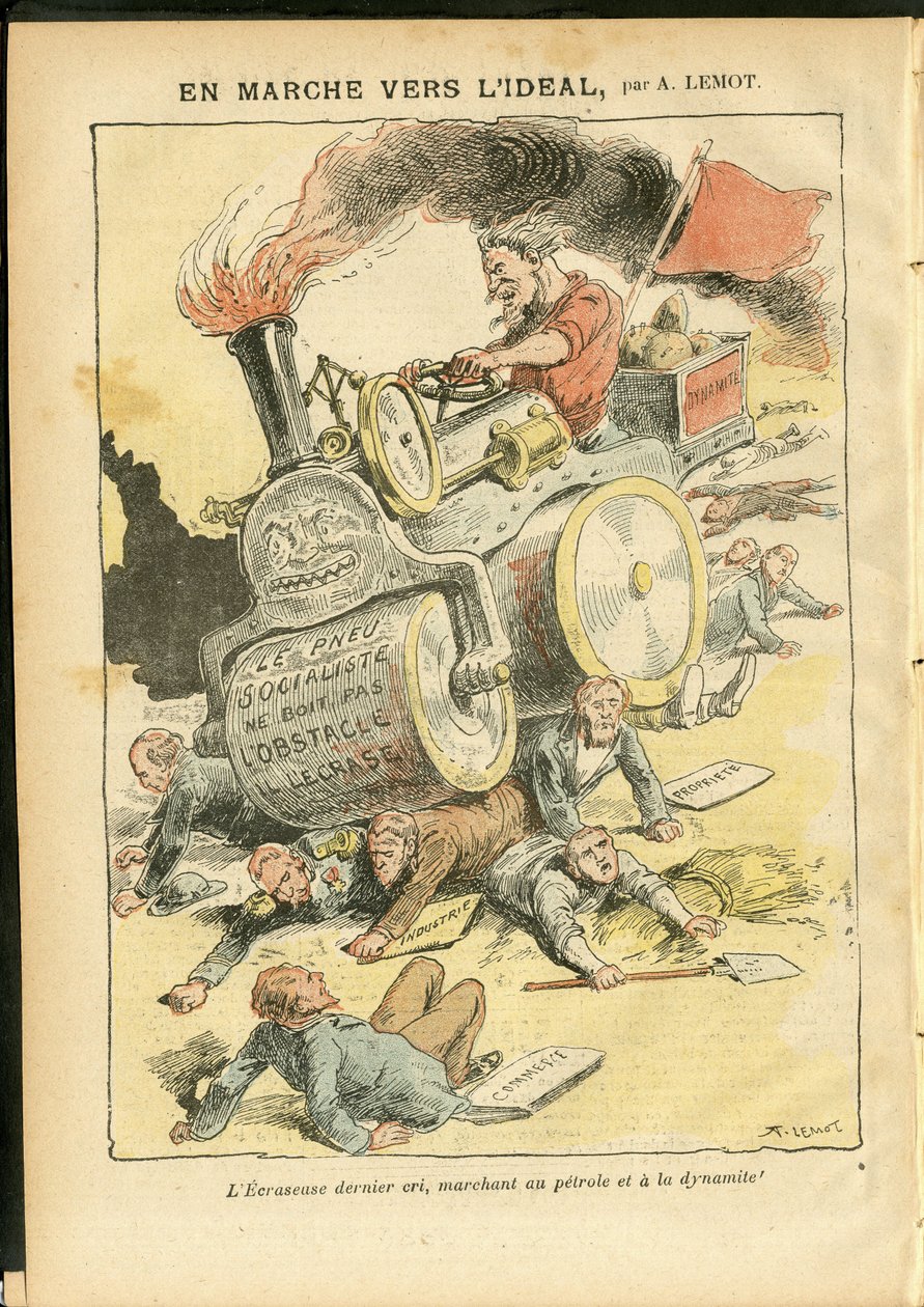 Illustration von Achille Lemot (1846-1909) in Le Pelerin, 27/05/06 - Auf dem Marsch zum Ideal - Sozial, Automobil, Tote Leichen, Revolution, Rote Fahne, Wirtschaft, Sozialismus, Pneumatisch, Reifenpanne von Achille Lemot