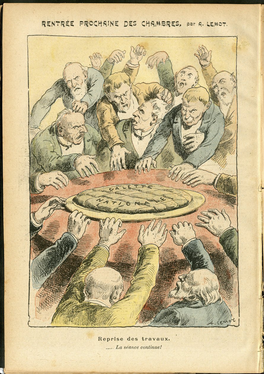 Illustration von Achille Lemot (1846-1909) in Le Pelerin, 03/06/06 - Nächste Vermietung der Kammern - Antiparlamentarismus, Kammer der Deputierten Hemicycle, Galette des rois - Abgeordneter von Achille Lemot