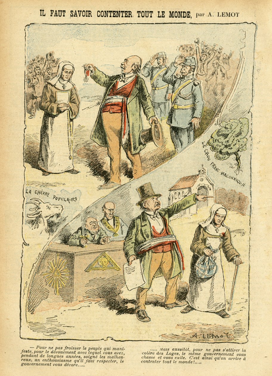 Illustration von Achille Lemot (1846-1909) in Le Pèlerin, 03/09/05 - Man muss wissen, wie man alle zufriedenstellt - Antiklerikalismus, Antimasonismus Freimaurerei, Religion Glaube, Medaille, Bloc des Gauches, Katholizismus - Vertreibungen von Geistlichen, von Achille Lemot