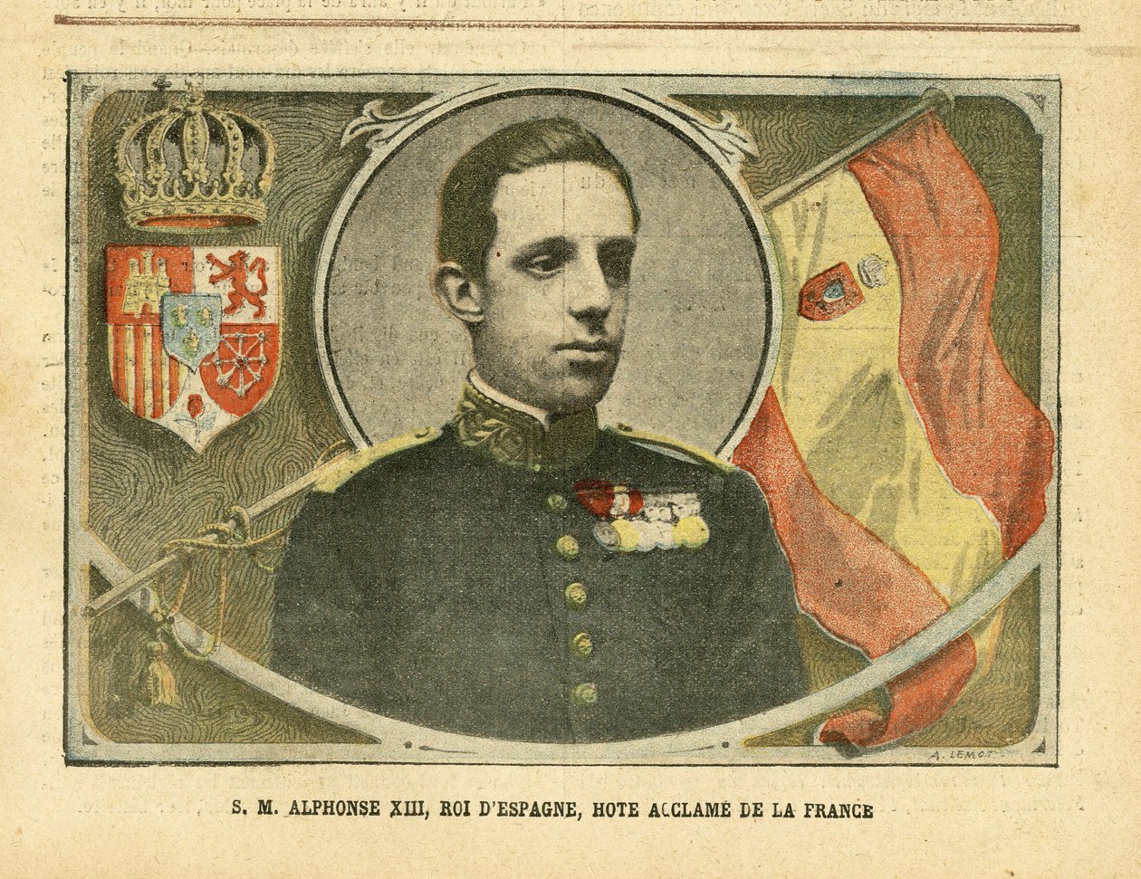 Illustration von Achille Lemot (1846-1909) in Le Pelerin, 04/06/05 - Seine Majestät Alfonso XIII., König von Spanien, gefeierter Gast Frankreichs - Spanien, Monarchie, Flaggen, Ausländischer Souverän - Alfonso XIII. von Achille Lemot