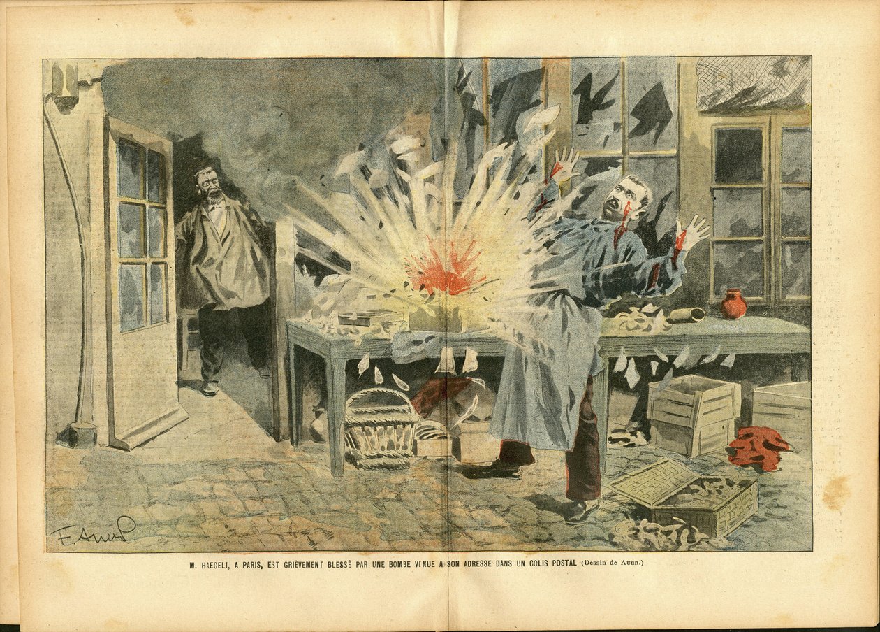 Illustration von Achille Lemot (1846-1909) in Le Pelerin, 05/08/06 - Kurier La Poste, Bombe - Postfaktor von Achille Lemot