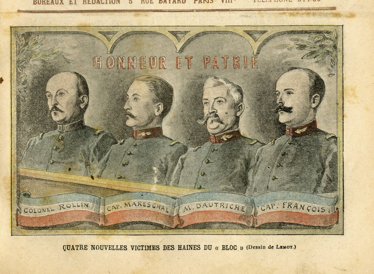 Illustration von Achille Lemot (1846-1909) in Le Pelerin, 20/11/04 - Vier neue Opfer des Hasses des Blocks - Armee, Affaire des Fiche, Patriotismus - Oberst Rollin, Hauptmann Mareschal, Dautriche, Hauptmann Francois von Achille Lemot