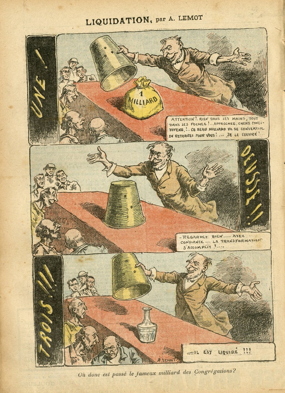 Illustration von Achille Lemot (1846-1909) in Le Pelerin, 23/06/07 - Liquidation - Spiel, Religion Glaube, Silber, Katholizismus - Milliarden der Kongregationen - Honneteau von Achille Lemot