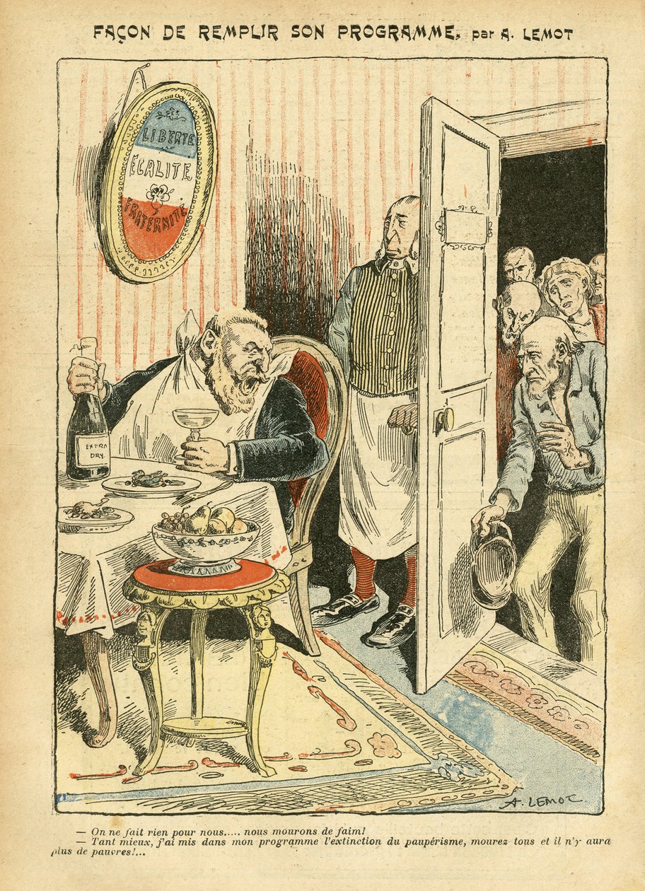 Illustration von Achille Lemot (1846-1909) in Le Pelerin, 23/07/05 - Wie man sein Programm erfüllt - Soziales, Elend, Gastronomie Koch, Sozialismus - Jaurès Jean, Abgeordneter, Homemans - Lebensmittelmetapher, Opposition/Assoziation von Achille Lemot