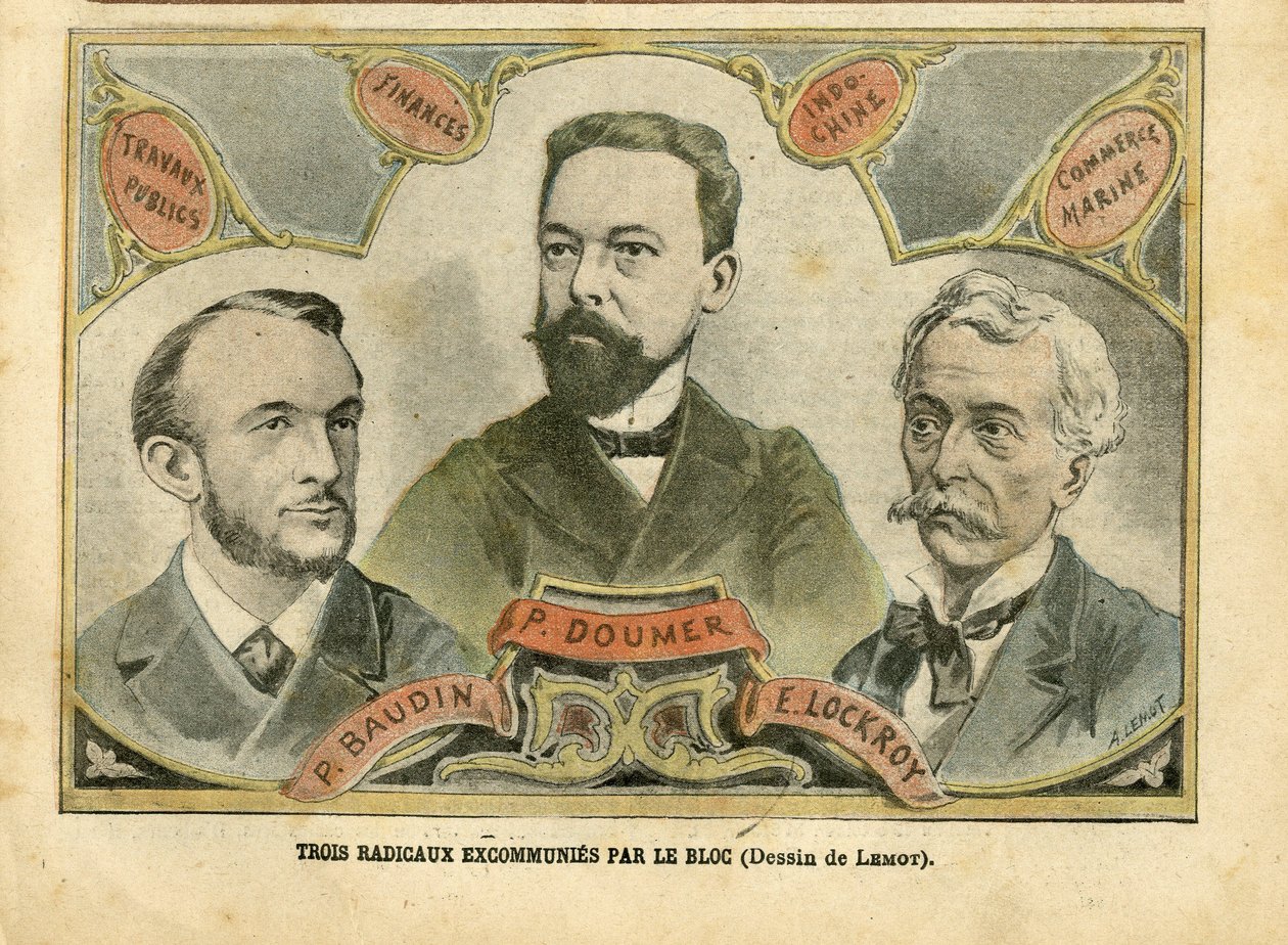 Illustration von Achille Lemot (1846-1909) in Le Pelerin, 23/10/04 - Drei Radikale exkommuniziert vom Bloc - Budget Finanzen, Präsident der Republik, Maritime Marine Nautique Balneaire, Bloc des Linken, Indochina, Öffentliche Arbeiten - Doumer Paul (1857-1 von Achille Lemot