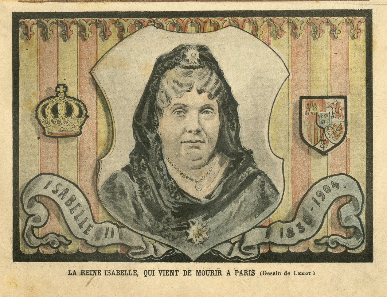 Illustration von Achille Lemot (1846-1909) in Le Pelerin, 24/04/04 - Königin Isabelle, die gerade in Paris gestorben ist - Paris, Spanien, Monarchie, ausländische Souveränität - Isabella II. von Spanien (1830-1904) von Achille Lemot