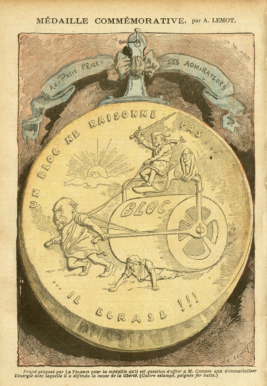 Illustration von Achille Lemot (1846-1909) in Le Pelerin, 26/02/05 - Gedenkmedaille - Antimasonismus Freimaurerei, Affäre des Fiches, Block der Linken - Combes Emile (1835-1921), Marianne - Kasserolle von Achille Lemot