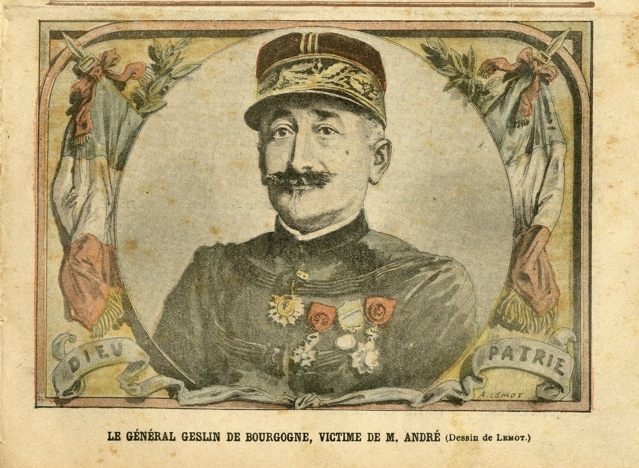 Illustration von Achille Lemot (1846-1909) in Le Pelerin, 27/03/04 - General Geslin von Burgund, Opfer von Herrn Andre - Armee, Fall der Karten - Andre Louis, General Generäle, Jules Henri Geslin von Burgund (1812-1897) von Achille Lemot