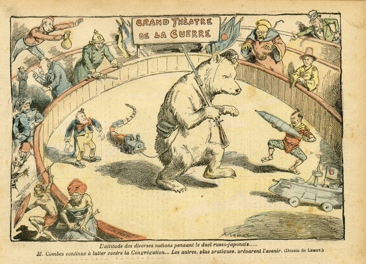 Illustration von Achille Lemot (1846-1909) in Le Pelerin, 28/02/04 - Die Haltung verschiedener Nationen... - Russland, Russisch-Japanischer Krieg - Combes Emile, Bär, Fair Bear - Animalisation, Karneval/Spiel/Zirkus von Achille Lemot