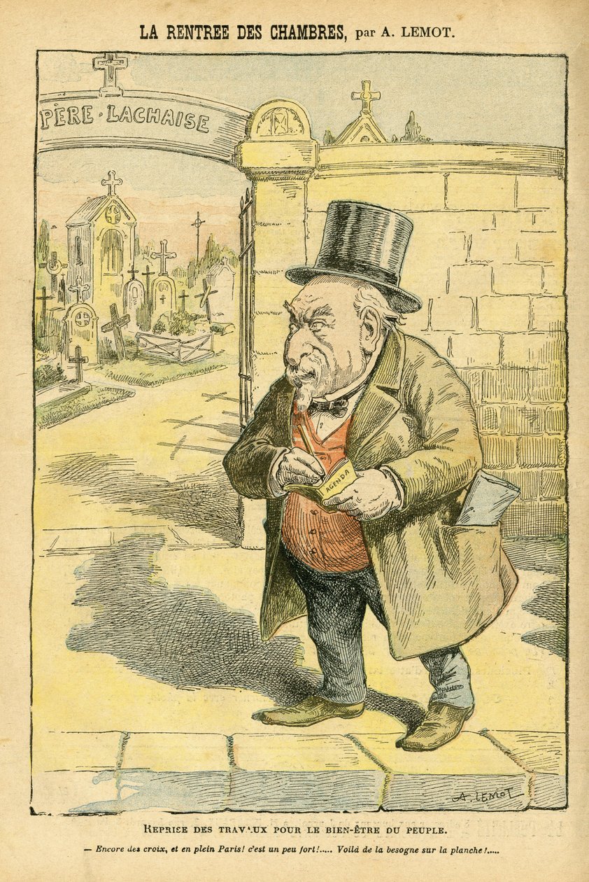 Illustration von Achille Lemot (1846-1909) in Le Pelerin, 29/05/04 - Die Rückkehr der Räume - Religion Glaube, Friedhof, Bloc des Lefches, Trauer Beerdigungen, Père Lachaise, Katholizismus - Säkularisierung des religiösen Raums, Laizität von Achille Lemot