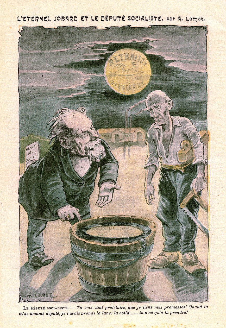 Sozialistischer Abgeordneter verspricht dem armen Proletarier (Zimmermann) den Mond (Rente), in Le Pelerin, katholische Wochenzeitung Nr. 1391 vom 30. August 1903 von A. Lemot (Zeichnung) von Achille Lemot