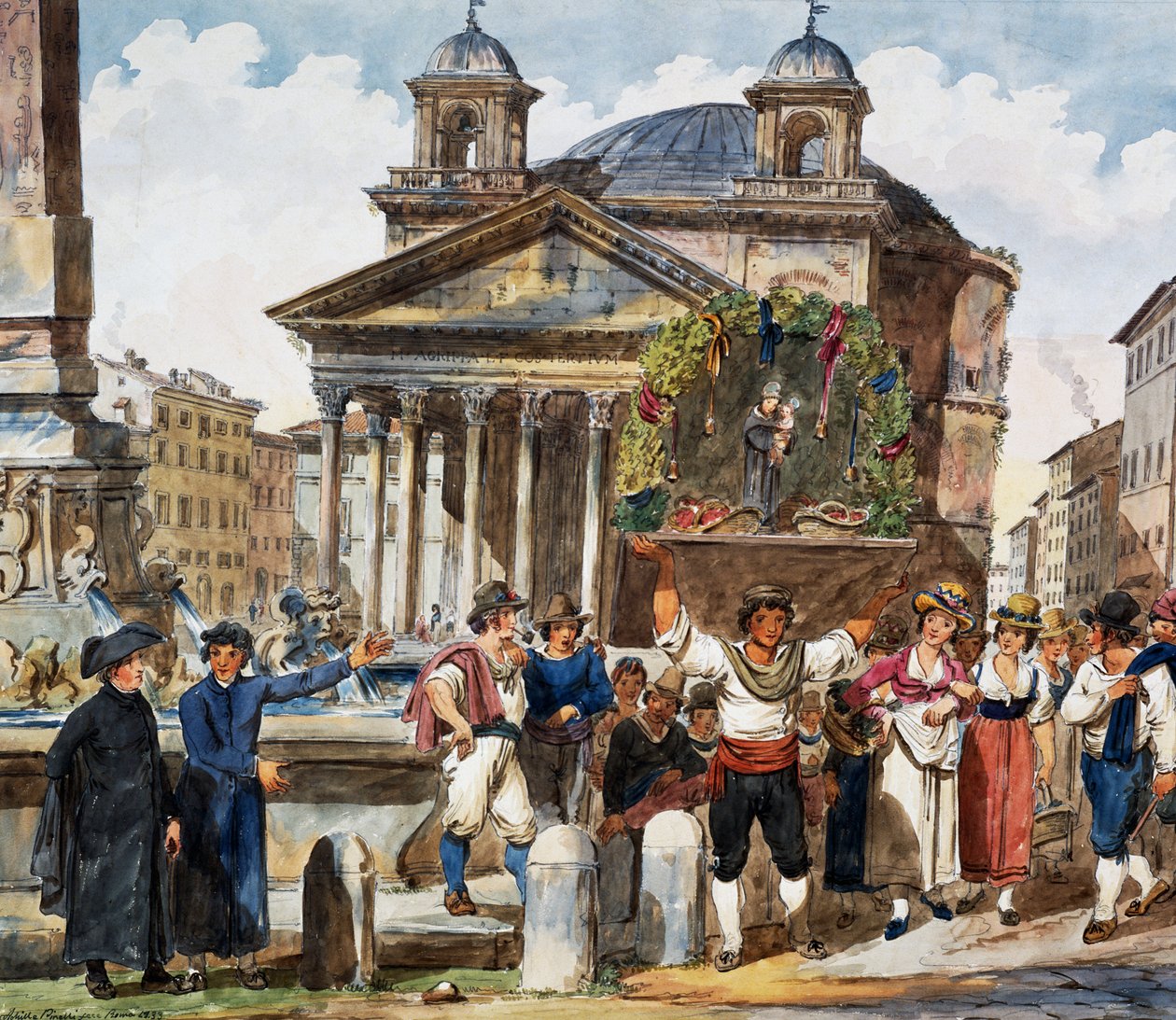 Erdbeerfest am Pantheon in Rom, Aquarell von Achille Pinelli, Italien von Achille Pinelli