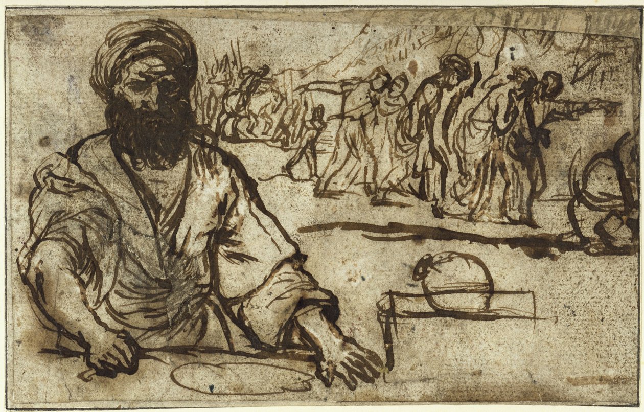 Sitzender bärtiger Mann, im Hintergrund Menschen- und Reiterzug von Adam Elsheimer