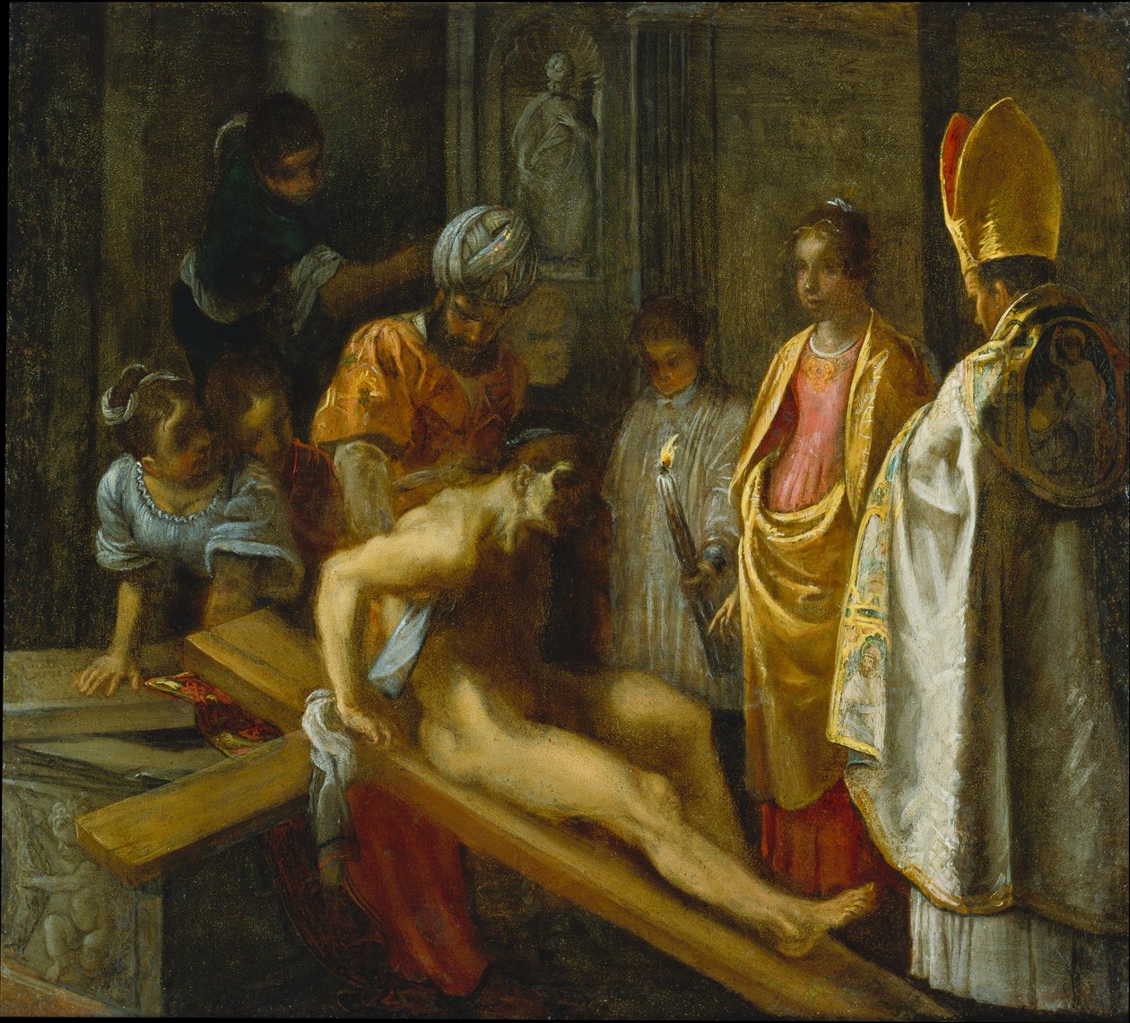 Der Frankfurter Altar der Erhöhung des wahren Kreuzes: Die Prüfung des Kreuzes (Mitte rechts) von Adam Elsheimer