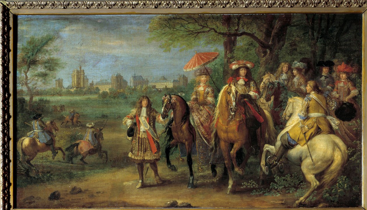 König Ludwig XIV. (1638-1715) und Königin Marie-Therese von Österreich (1638-1683) vor dem Schloss Vincennes im Jahr 1669 von Adam Frans van der Meulen