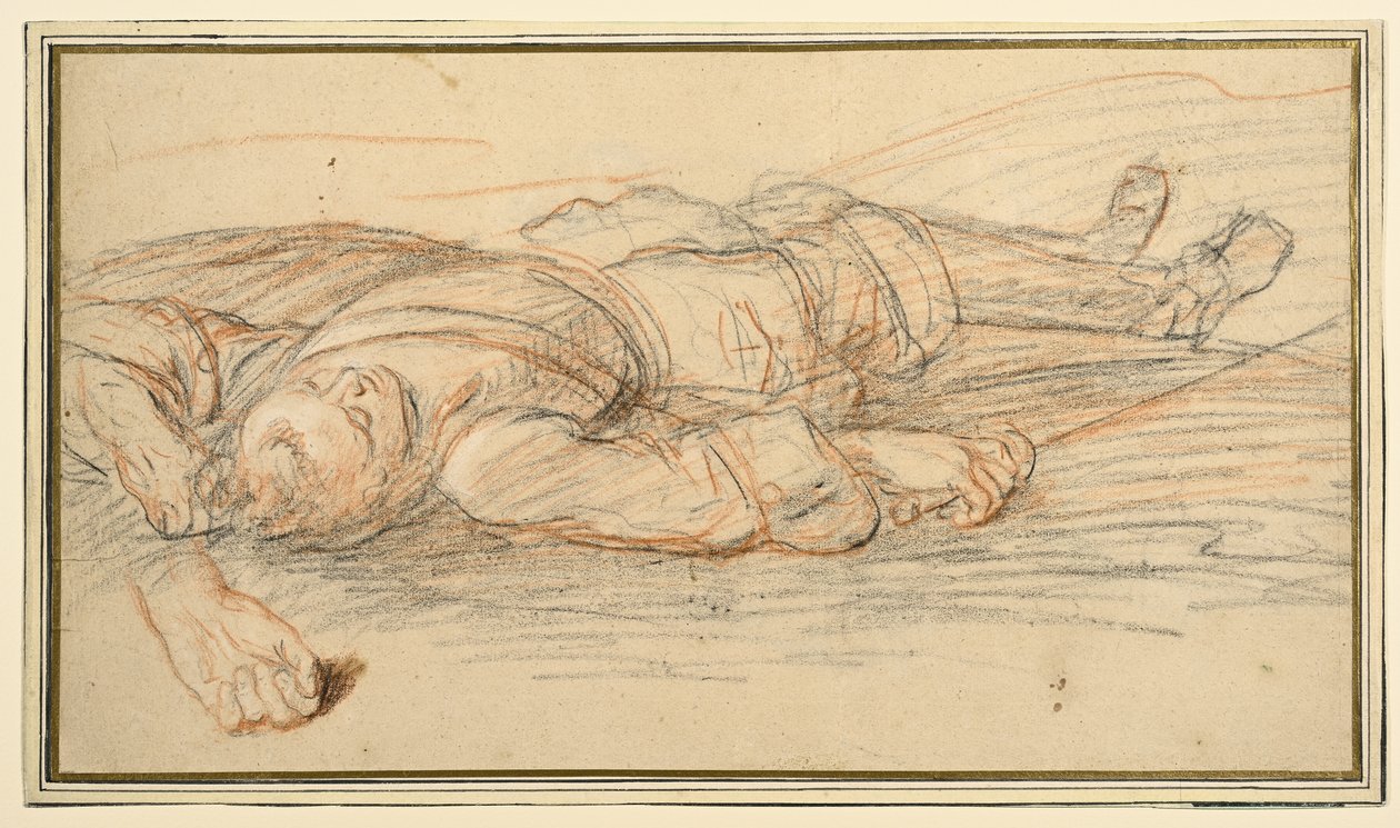 Studie für einen Krieger, der auf dem Schlachtfeld liegt, und eine zusätzliche Studie der linken Hand von Adam Frans van der Meulen