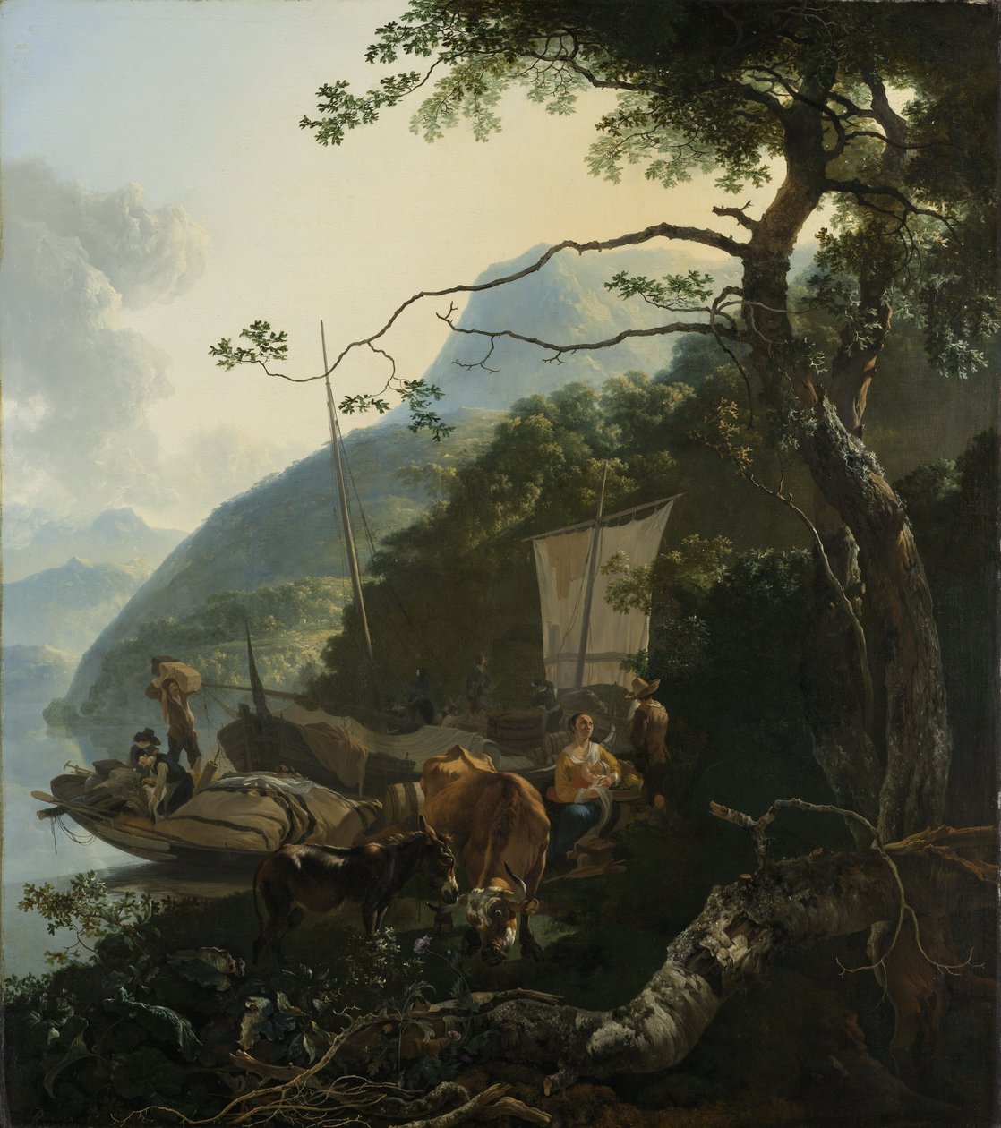 Bootsmänner am Ufer eines italienischen Sees, 1650-70 von Adam Pynacker