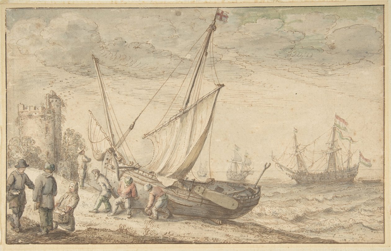 Fischerleute ziehen ihr Boot an Land, o.D. von Adam Willaerts