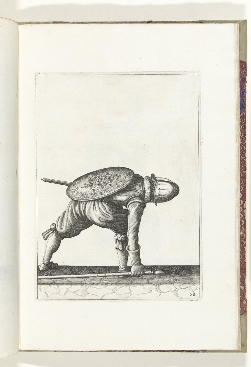 Übung mit Schild und Speer: Der Soldat bückt sich, um den Speer aufzuheben (Nr. 28), 1618 von Adam van Breen
