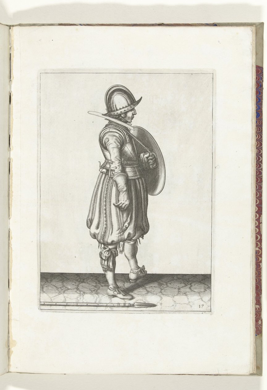 Die Übung mit Schild und Speer: der Soldat mit dem Schild bereit und der Speer neben seinem rechten Fuß auf dem Boden (Nr. 17), 1618 von Adam van Breen