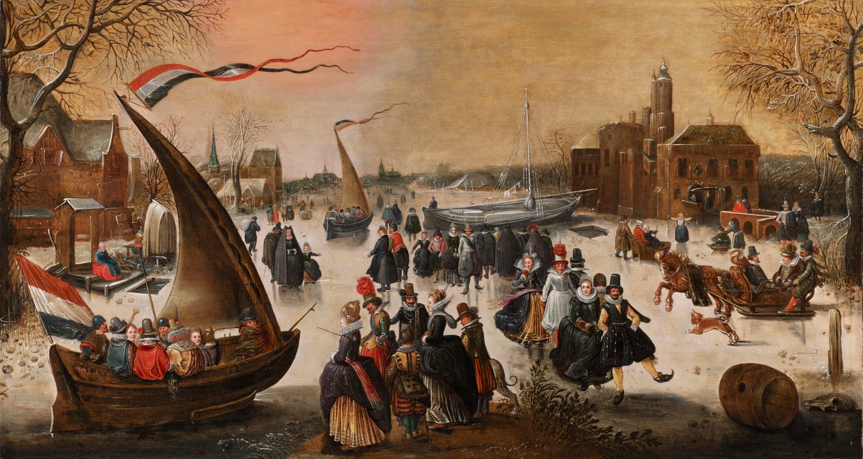 Winterlandschaft mit eleganten Schlittschuhläufern auf einem zugefrorenen See, Eisbrechern und einer Stadt in der Ferne von Adam van Breen
