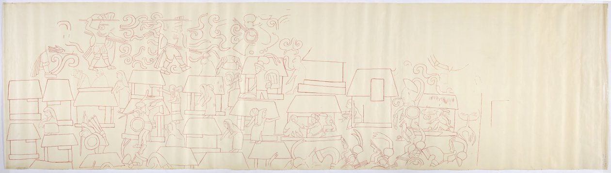Kopie einer Nachzeichnung eines Wandgemäldes vom südlichen Panel der Westwand, innerer Tempel, Oberer Tempel der Jaguare, Chichen Itza, Mexiko von Adela Breton