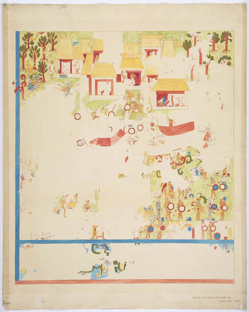Viertelmaßstab Kopie eines Gemäldes vom südlichen Endpaneel, Ostwand, innere Kammer, Oberer Tempel der Jaguare, Großer Ballspielplatz, Chichen Itza, Mexiko von Adela Breton
