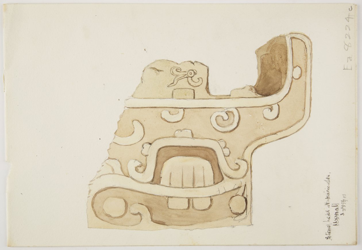 Ruinen/Steinreliefs am Tempel von Uxmal, Mexiko, Darstellung eines Teils der Steinschnitzerei von Adela Breton