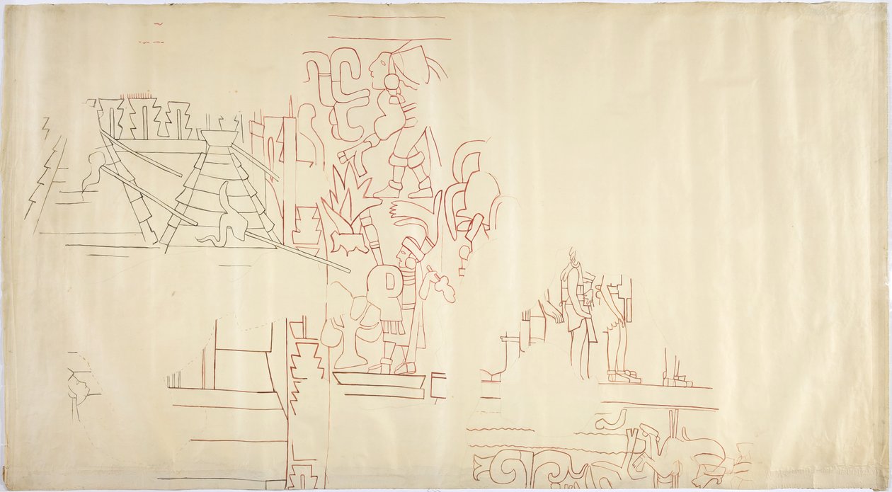 Abzeichnung eines Wandgemäldes aus Casa de Monjas, Chichen Itza, Mexiko, nachgezeichnet und übermalt in schwarzer und roter Tinte von Adela Breton