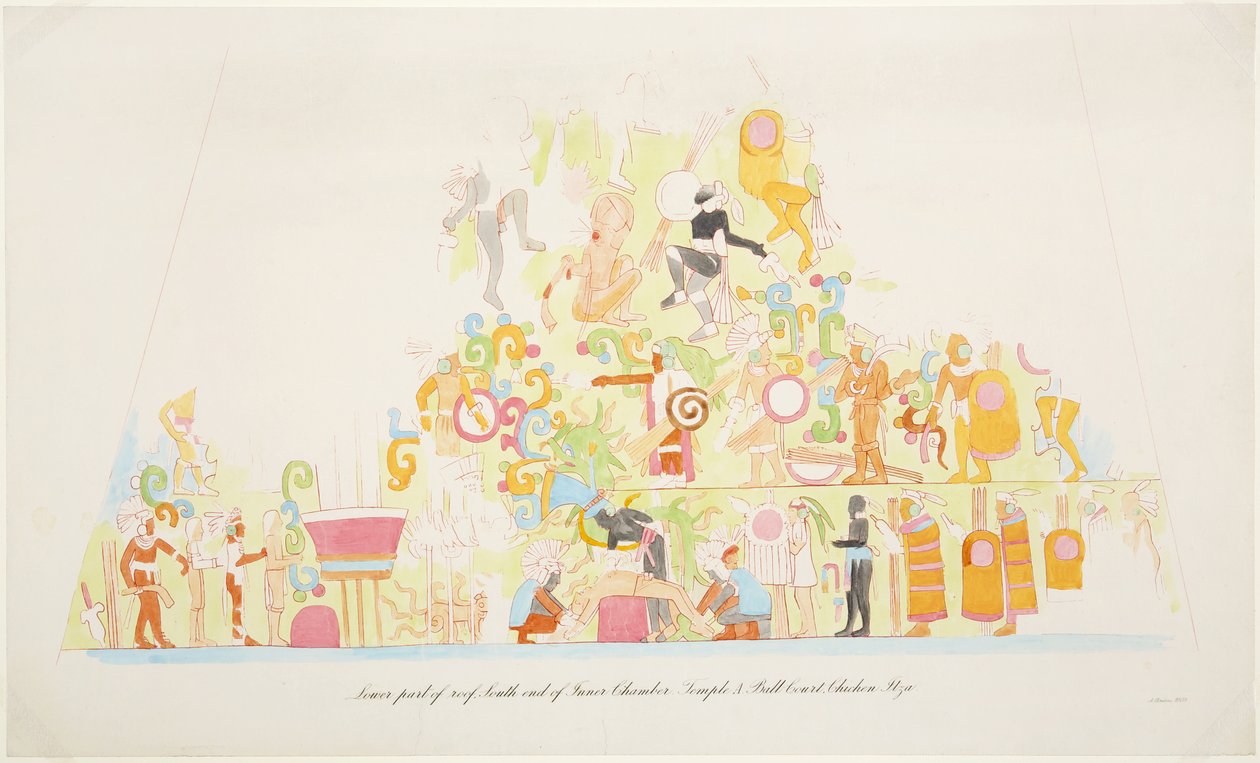Wandgemälde vom unteren Teil des Daches, südliches Ende der inneren Kammer, Tempel A, Chichen Itza, Mexiko von Adela Breton