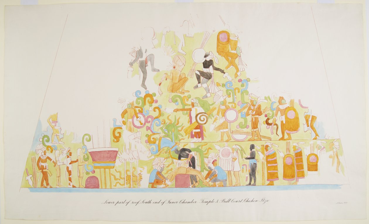Wandmalerei aus dem unteren Teil des Daches, Südende der inneren Kammer, Tempel A, Chichen Itza, Mexiko von Adela Breton