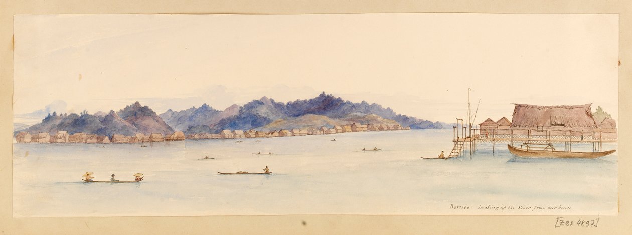 Borneo - Blick vom Haus auf den Fluss, aus West Indies, North American and Borneo scrapbook, ca. 1845 von Admiral Sir Edward Gennys Fanshawe
