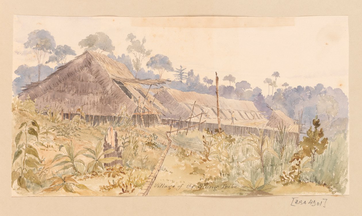Dorf des Stang-Stammes aus Westindien, Nordamerika und Borneo-Sammelalbum von Admiral Sir Edward Gennys Fanshawe