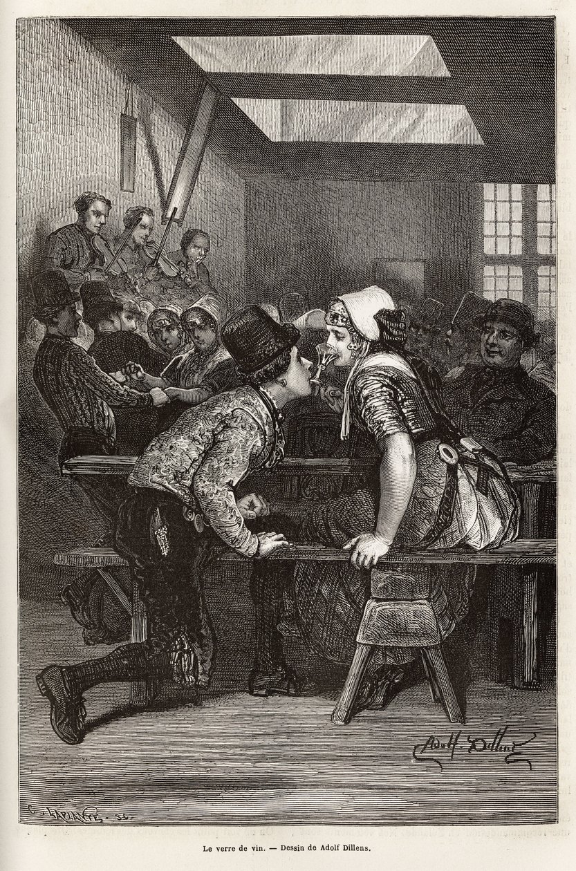 An Jahrmärkten bieten die Bauern jungen Mädchen süße Liköre an, das gleiche Glas dient allen und wird von Mund zu Mund gereicht, oft gefüllt, und ermöglicht es dem jungen Bewerber, sein Werben zu machen, im Rhythmus des Orchesters und der Tänze, Gravur von Adolf Alexander Dillens
