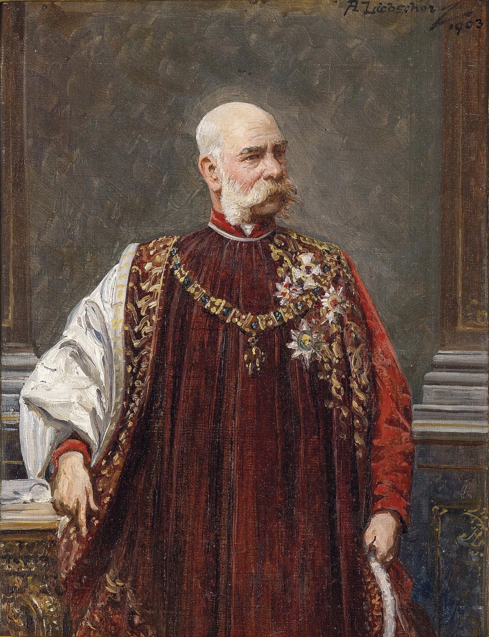 Porträt von Franz Joseph I. von Österreich als Großmeister des Goldenen Vlieses, 1903 von Adolf Liebscher