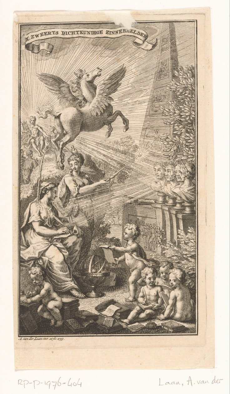 Allegorische Darstellung mit schreibender Frau, Büsten, Pegasus und Apollo von Adolf van der Laan