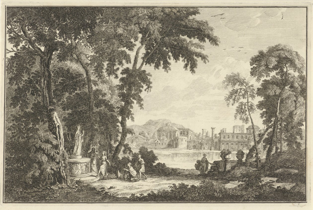 Arkadische Flusslandschaft mit Figuren, die eine Statue anbeten von Adolf van der Laan