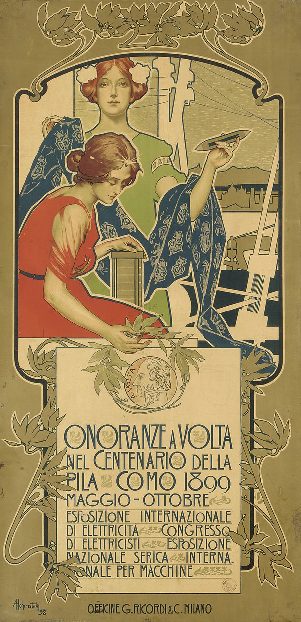 Plakat zur Werbung für die Ausstellung von Elektroprodukten zu Ehren des 100. Geburtstags von Alessandro Volta von Adolfo Hohenstein