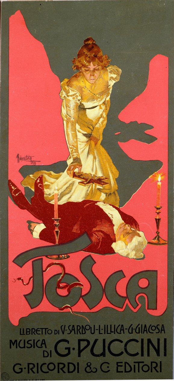 Plakat im Liberty-Stil für die Oper „La Tosca“ von Giacomo Puccini (1858-1924) von Adolfo Hohenstein