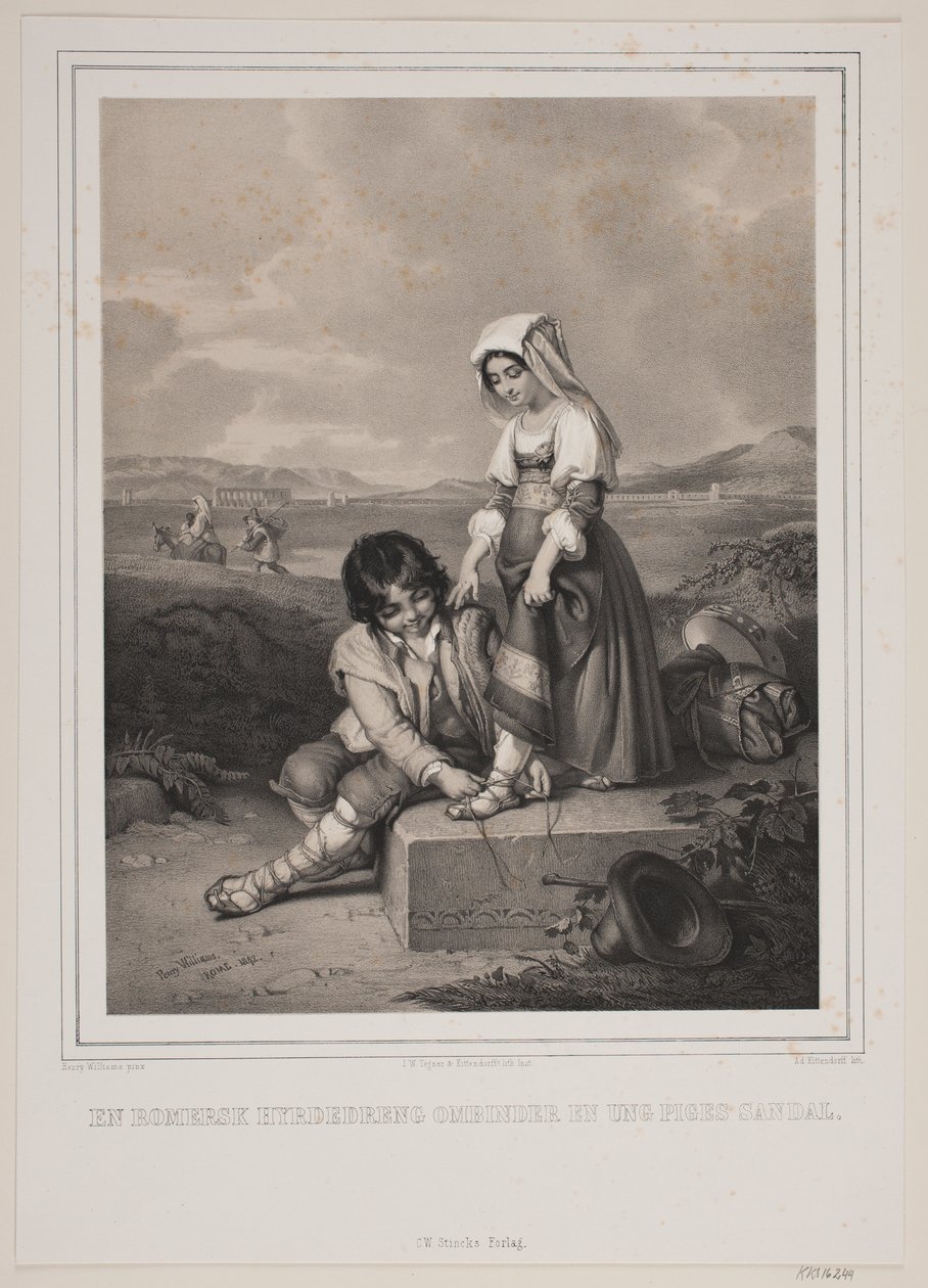 Ein römischer Hirtenjunge bindet einem jungen Mädchen die Sandale zu von Johan Adolph Kittendorff