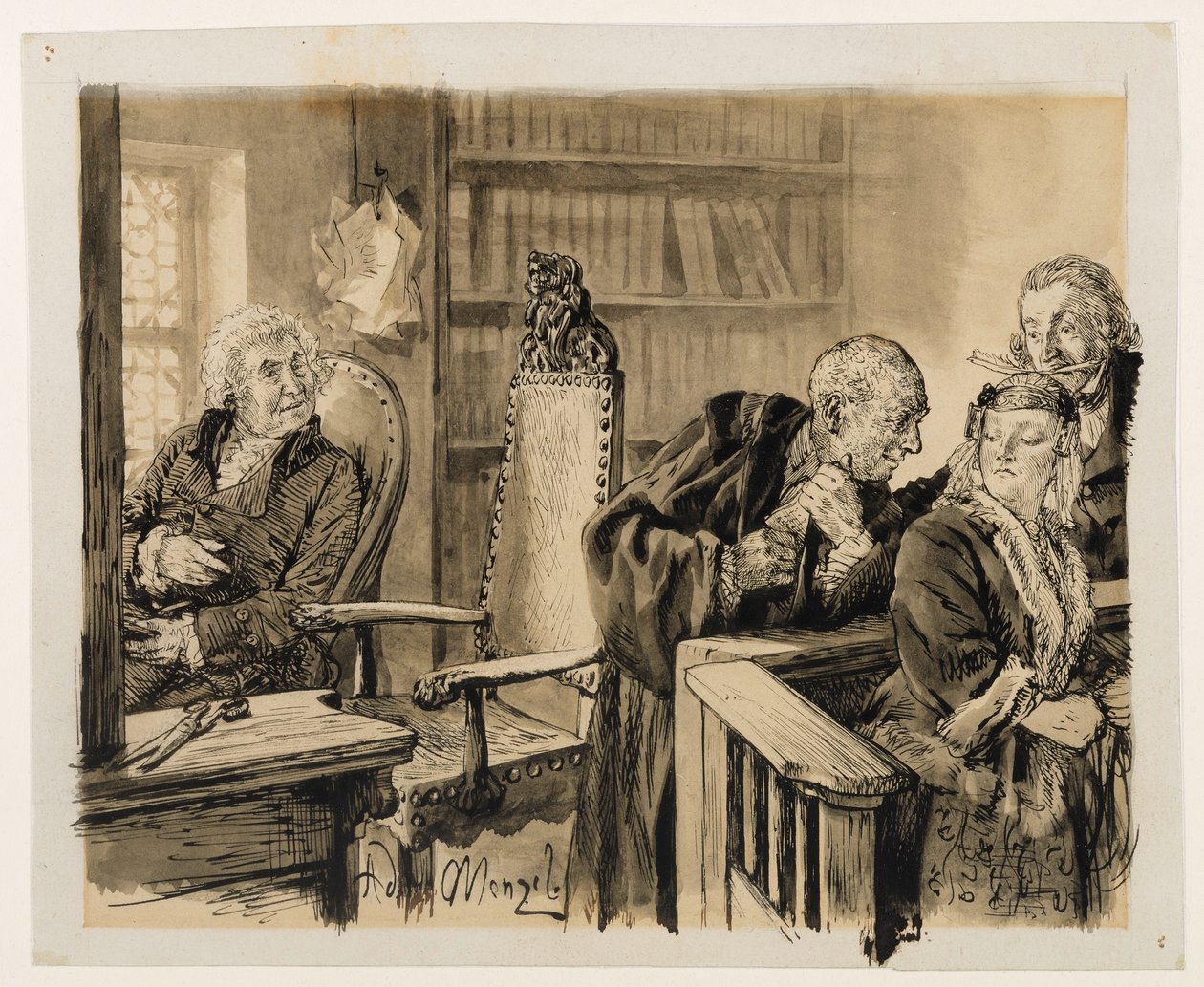 Adam spricht heimlich zu Eva. Licht hört zu. Der Gerichtsrat ruft Adam auf den Richterstuhl zurück. zu Heinrich von Kleist, Der zerbrochene Krug von Adolph Menzel