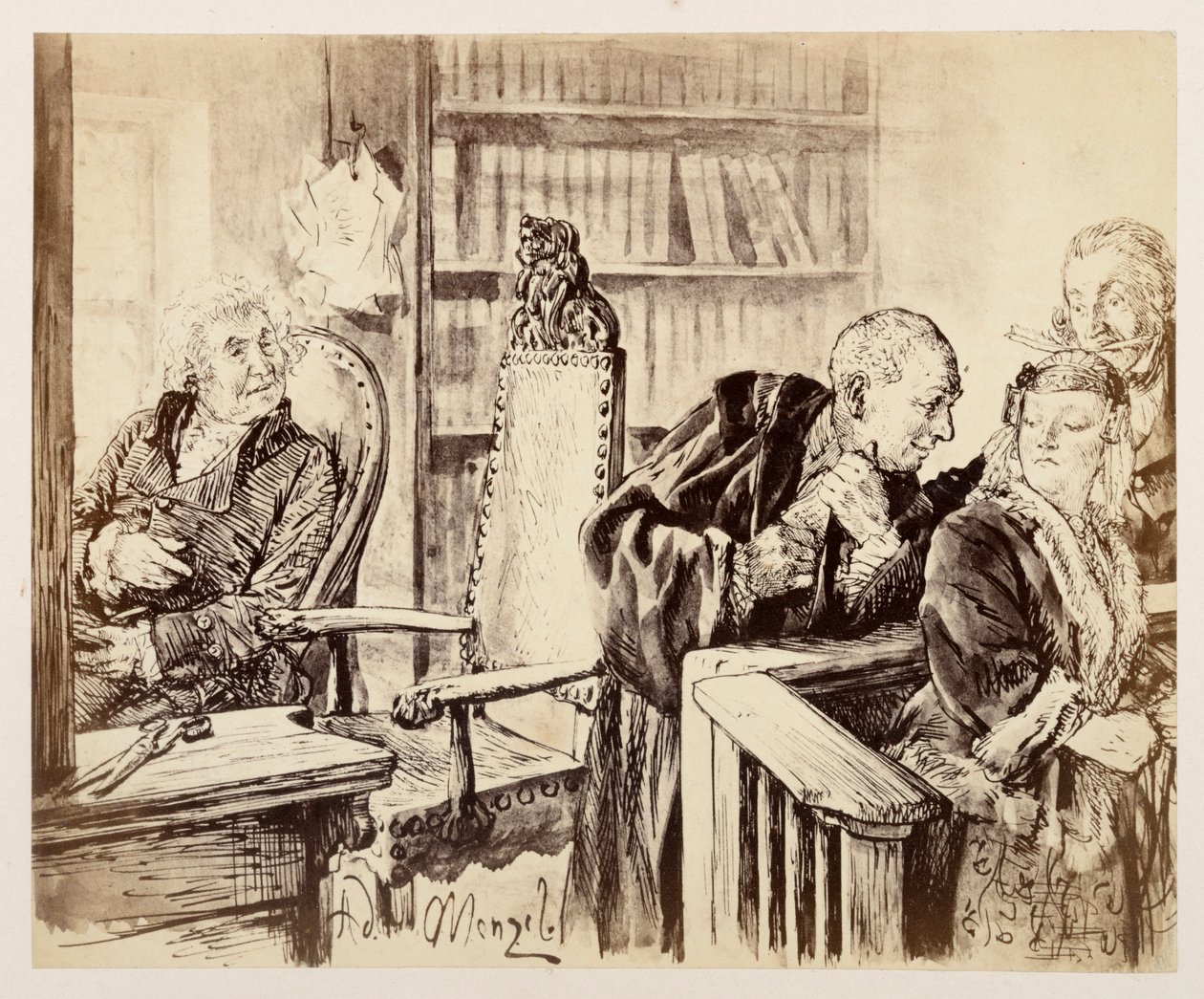 Adam spricht heimlich zu Eva. Licht hört zu. Der Gerichtsrat ruft Adam auf den Richterstuhl zurück, zu Heinrich von Kleists „Der zerbrochene Krug“ von Adolph Menzel