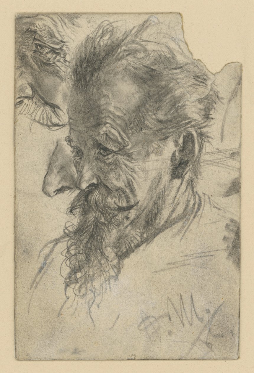 Älterer männlicher Kopf mit Knebelbart sowie Details von Adolph Menzel