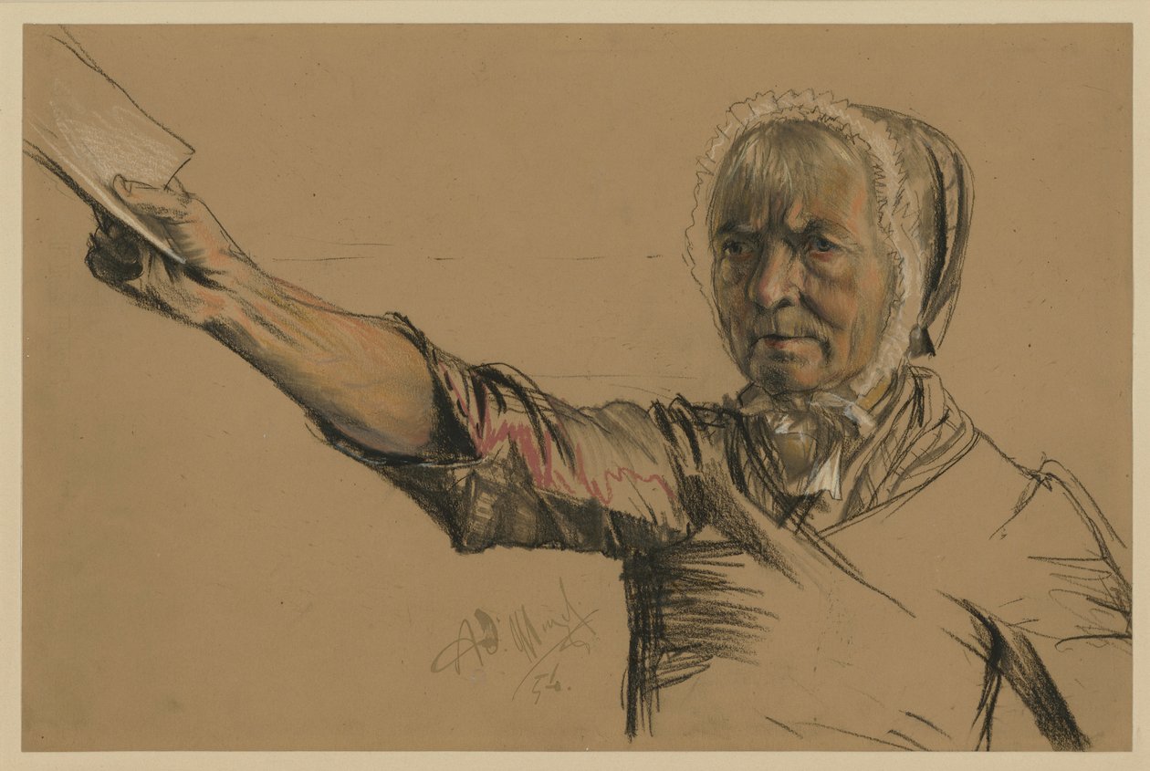 Alte Frau, die mit der Rechten eine Bittschrift ausstreckt von Adolph Menzel