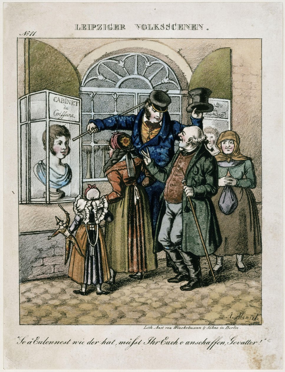 Bauern vor der Wachsbüste eines Friseurs. Aus: Leipziger Volksszenen von Adolph Menzel