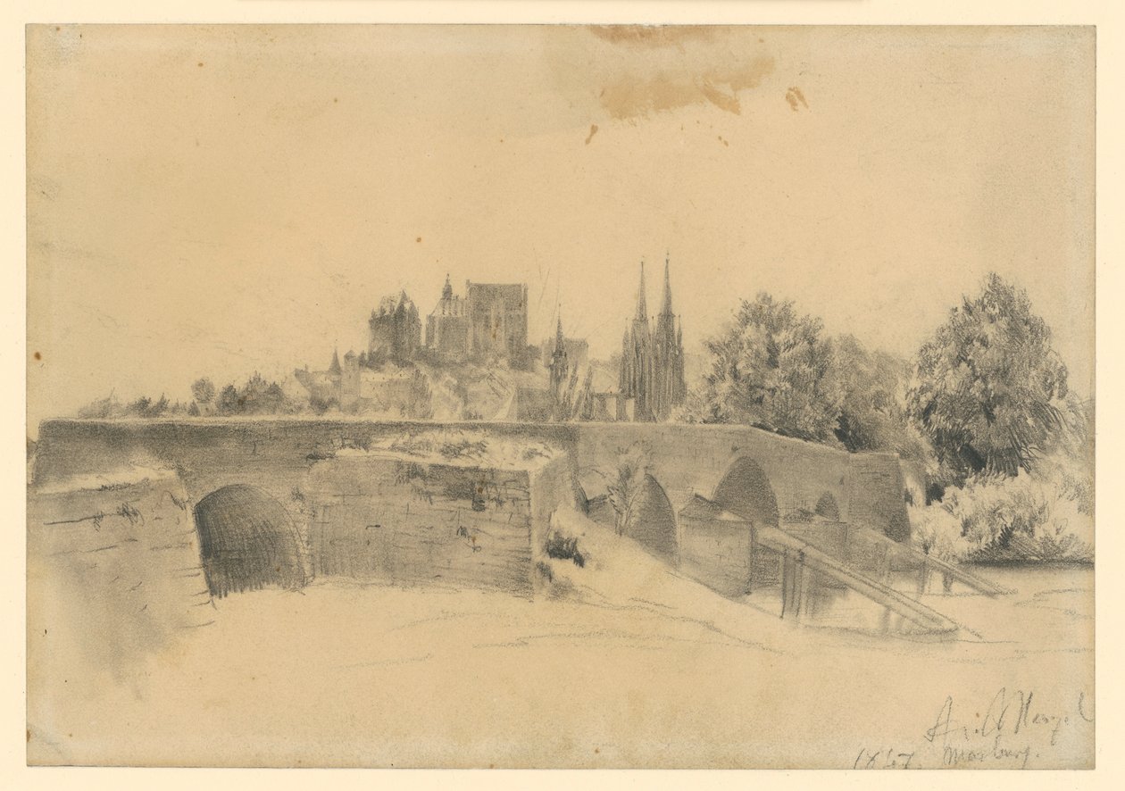 Blick auf Marburg und die Lahnbrücke von Adolph Menzel