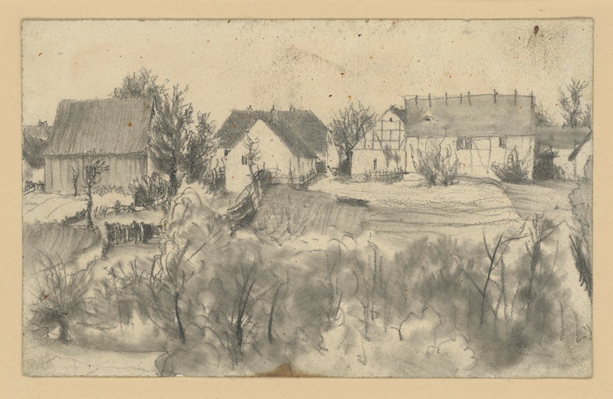 Blick auf Scheunen und Bauernhäuser, im Vordergrund niedrige Bäume und Buschwerk von Adolph Menzel