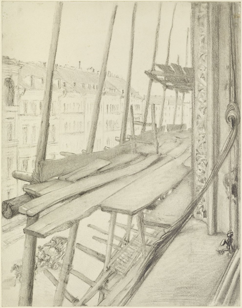Blick aus dem Fenster auf ein Baugerüst und die Straße von Adolph Menzel
