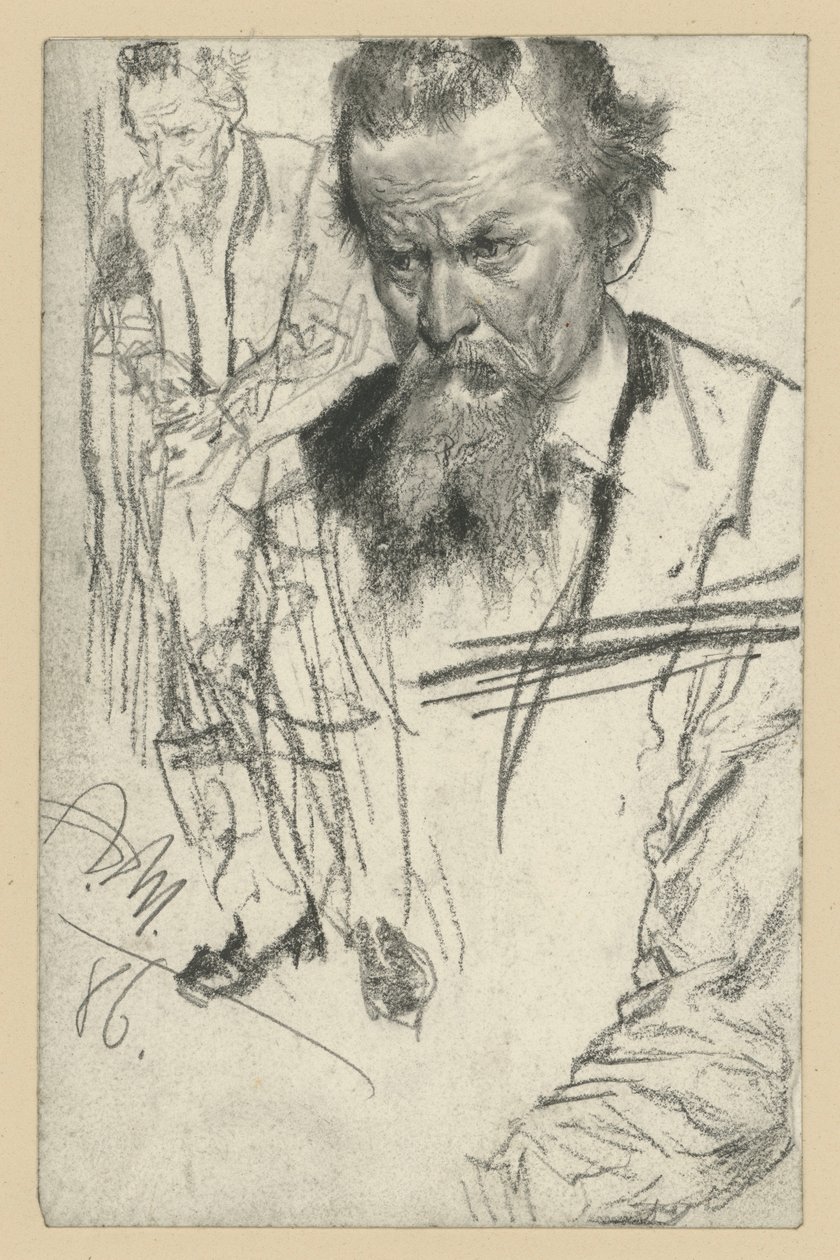 Brustbild eines Mannes mit Knebelbart, etwas nach links geneigt, links: ein stehender Mann, nach links, rechts: Ärmelstudie von Adolph Menzel