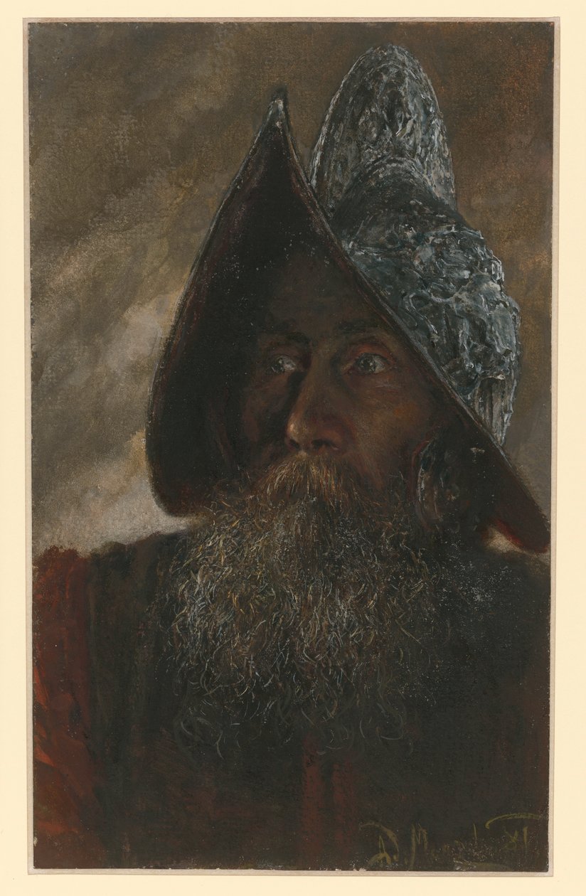 Brustbild eines bärtigen Soldaten mit Sturmhaube, etwas nach links gewendet von Adolph Menzel